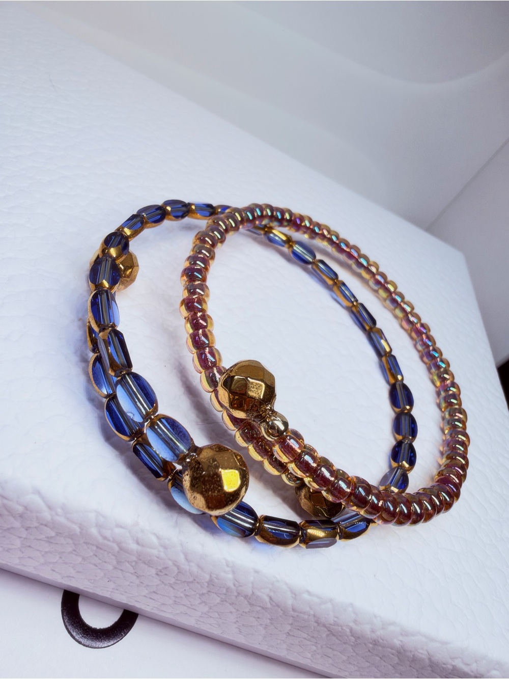 Elegant Blue and Iridescent Beaded wire Bracelet Set